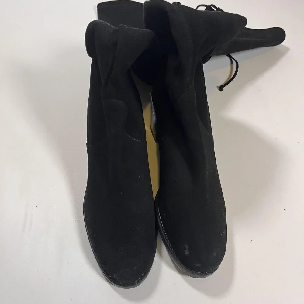 Stuart Weitzman Suede Tieland Boots 8 Black Over The Knee Chunky Block Heel